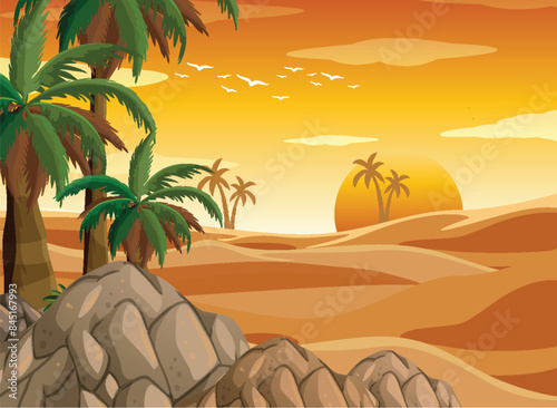 Palm trees and rocks at sunset