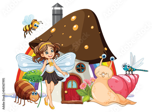 Fairy with insects near a mushroom house