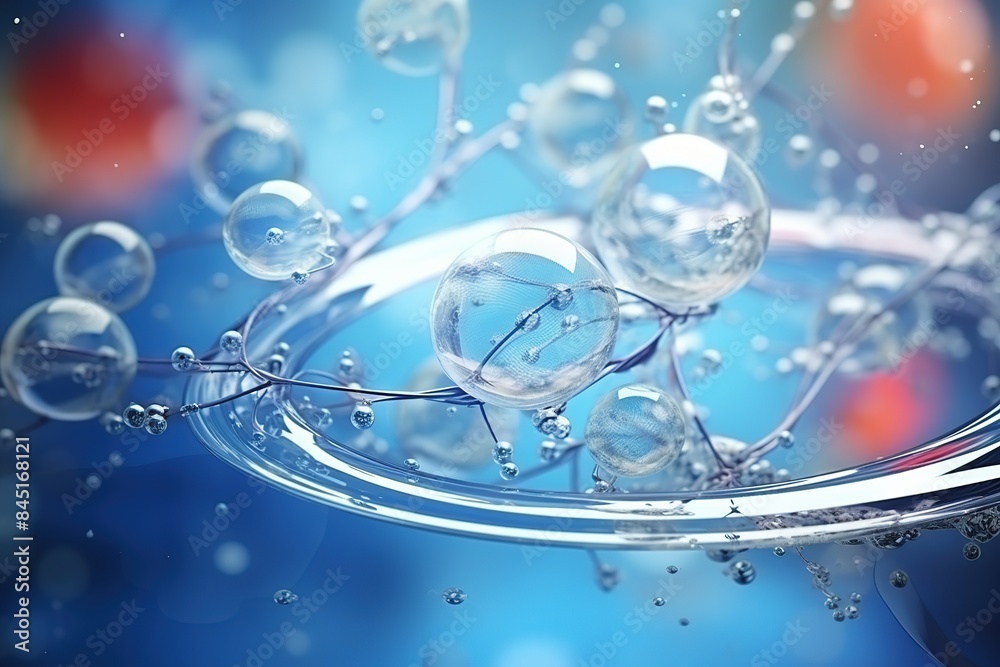 artificial intelligence, moving water droplets and air bubbles on a blue background, water and air bubbles floating. The concept of science and purity artificial intelligence, moving water droplets and air bubbles on a blue background, water and air bubbles floating. The concept of science and purity