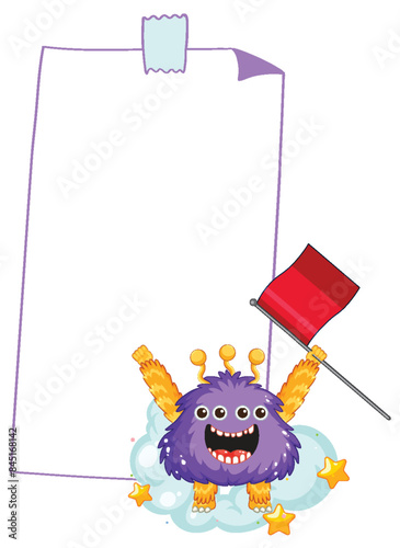 Happy monster holding a red flag