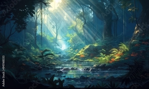 Mystical Jungle Stream with Sunbeams © Pumapala