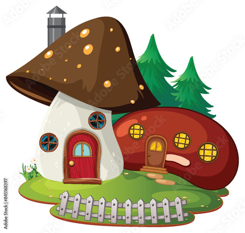 Charming mushroom houses with trees and fence