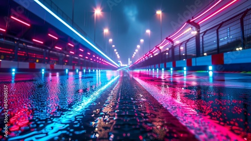 Neon lights creating reflections on a rainy night street