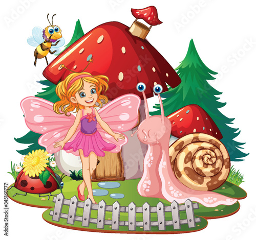 Fairy with snail, bee, and ladybug friends