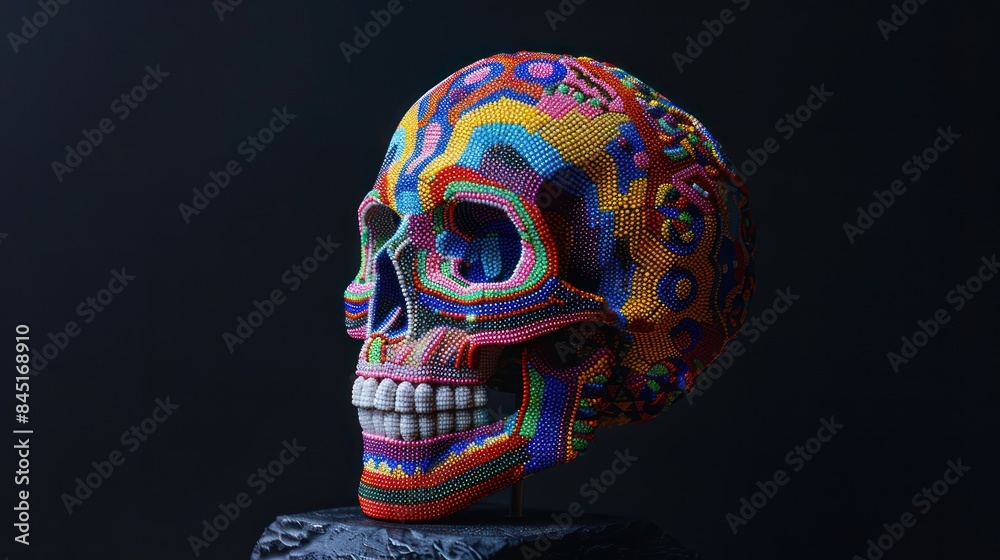 Craft an eye-catching stock photo that challenges perceptions with a human skull rendered in vibrant beads, symbolizing the complexity and diversity of human experience. Craft an eye-catching stock photo that challenges perceptions with a human skull rendered in vibrant beads, symbolizing the complexity and diversity of human experience.