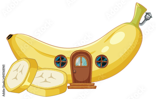 Whimsical banana house with sliced banana pieces