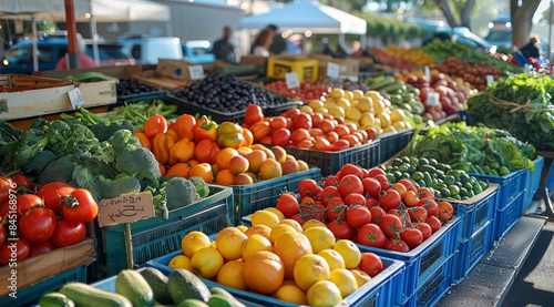 A vibrant farmers market stall filled with fresh produce. Generative AI.