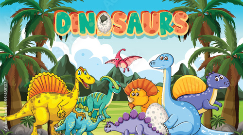 Various dinosaurs in a vibrant jungle setting