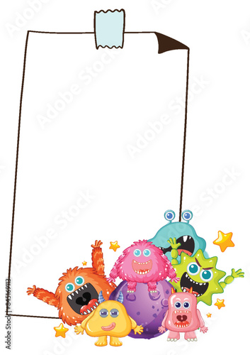 Cute monsters gathered around a blank sign