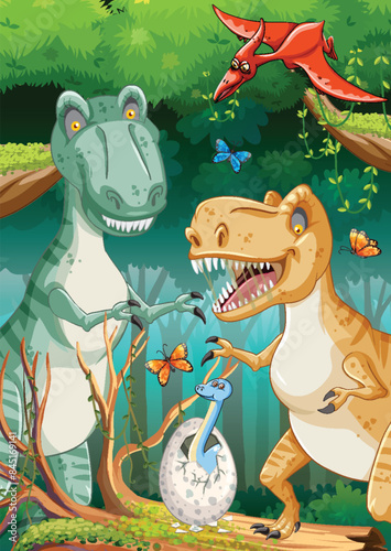 Dinosaurs and butterflies in a lush forest