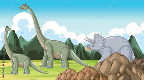 Dinosaurs roaming in a scenic prehistoric environment