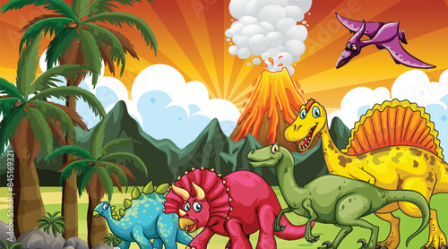 Colorful dinosaurs in a vibrant prehistoric scene