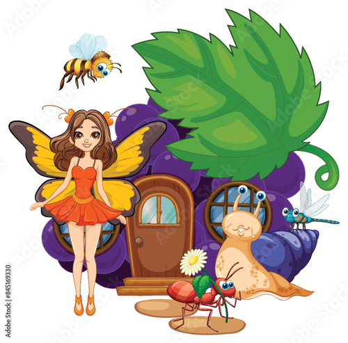 Fairy with insects near a whimsical house