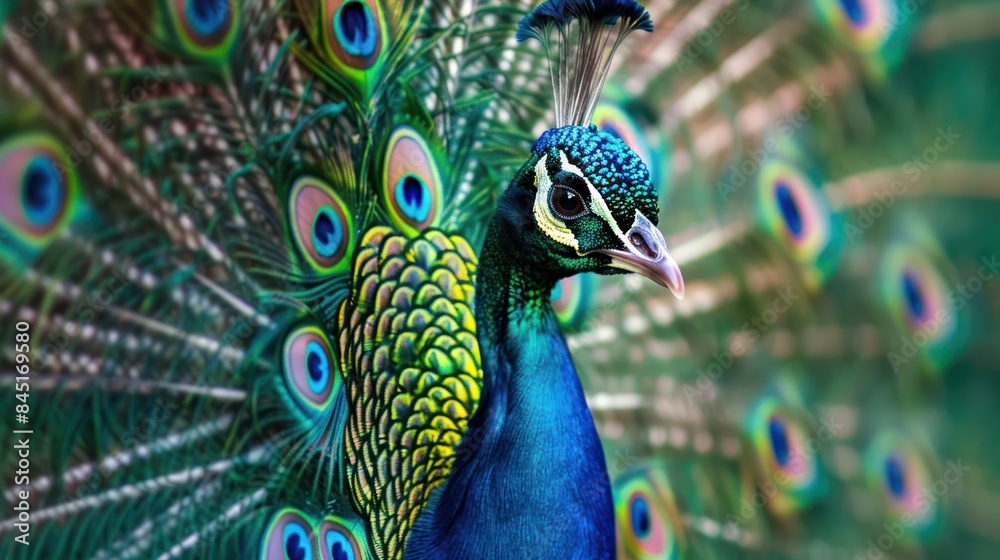 Obraz premium Illuminate your artistry: Handcraft a captivating peacock portrait, resplendent with a kaleidoscope of colors and shimmering rhinestones. 