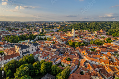 Aerial summer evening sunset view of Vilnius old town, Lithuania