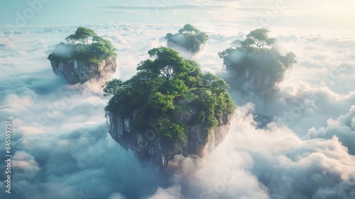 Scenic floating islands in a cloudy sky environment
