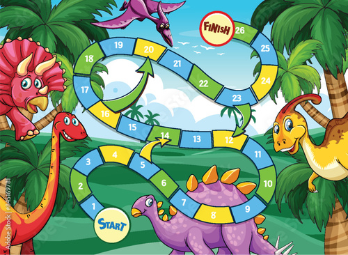 Colorful dinosaur-themed board game illustration