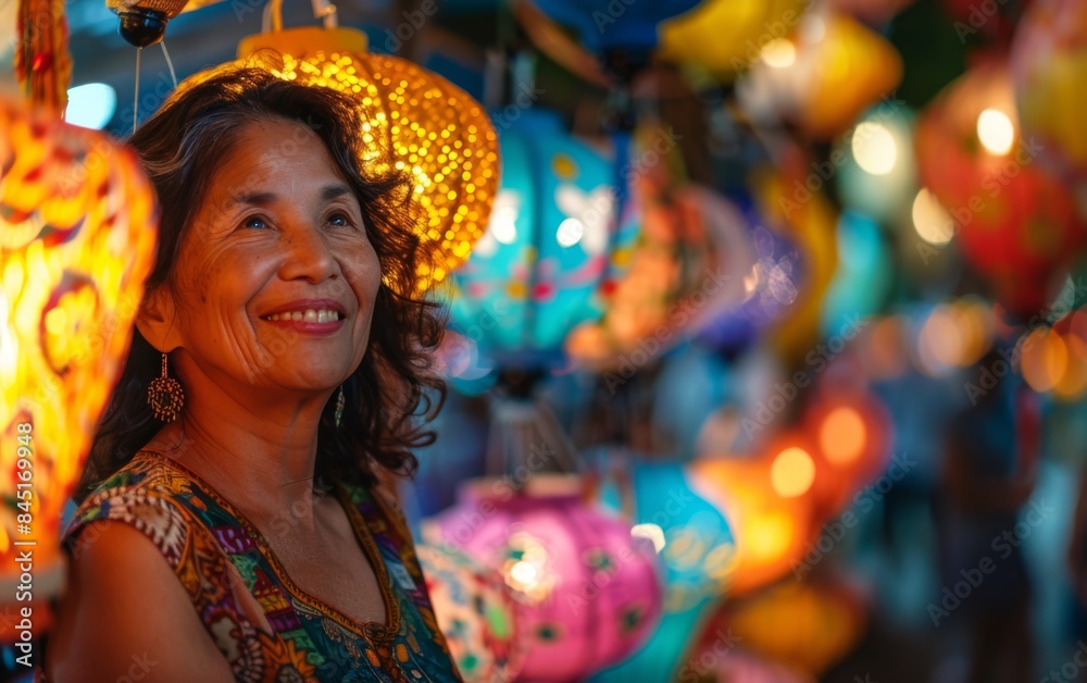 A woman is smiling at a display of colorful lanterns. The lanterns are of various shapes and sizes, and they are hanging from the ceiling. The scene is lively and cheerful
