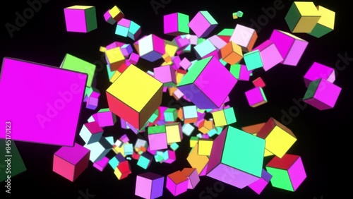 Colorful cubes fly and spin. Seamless loop