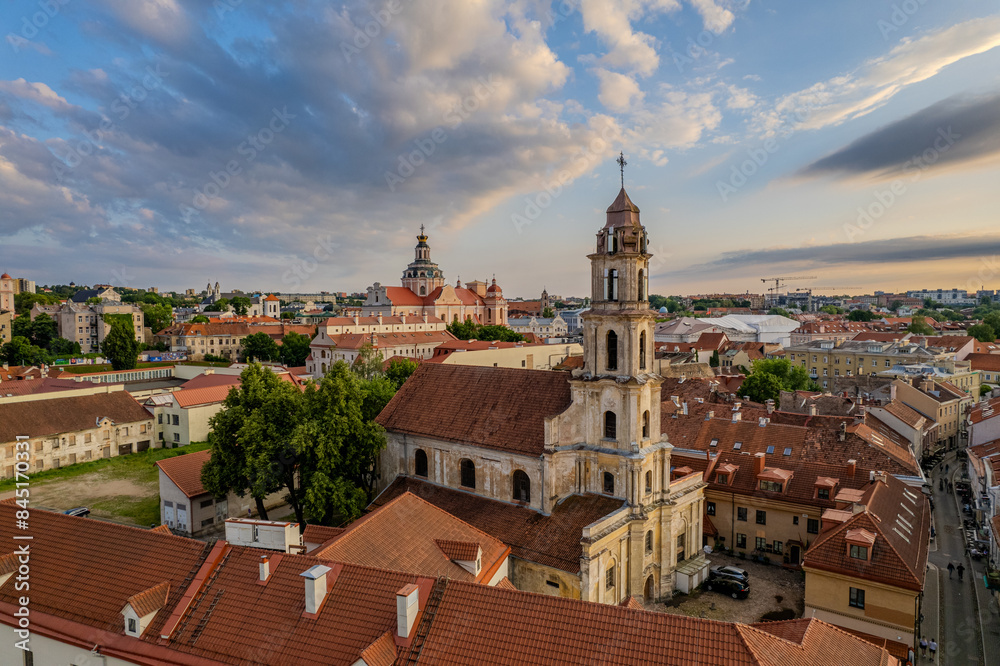 Fototapeta premium Aerial summer evening sunset view of St. Virgin Maria 's Church, Vilnius old town, Lithuania