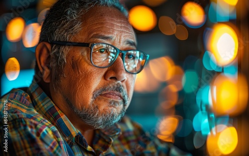 A man with glasses is looking at the camera. He is wearing a plaid shirt. The image has a moody and contemplative feel to it