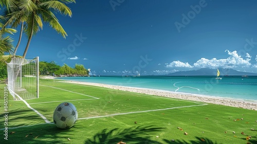 Fototapeta Naklejka Na Ścianę i Meble -  A soccer field on a tropical beach with white sand, clear blue water, and palm trees. The field has bright green grass and white goalposts. In the background, the calm ocean. Generative AI.