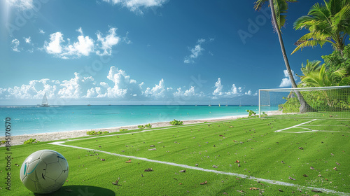Fototapeta Naklejka Na Ścianę i Meble -  A soccer field on a tropical beach with white sand, clear blue water, and palm trees. The field has bright green grass and white goalposts. In the background, the calm ocean. Generative AI.