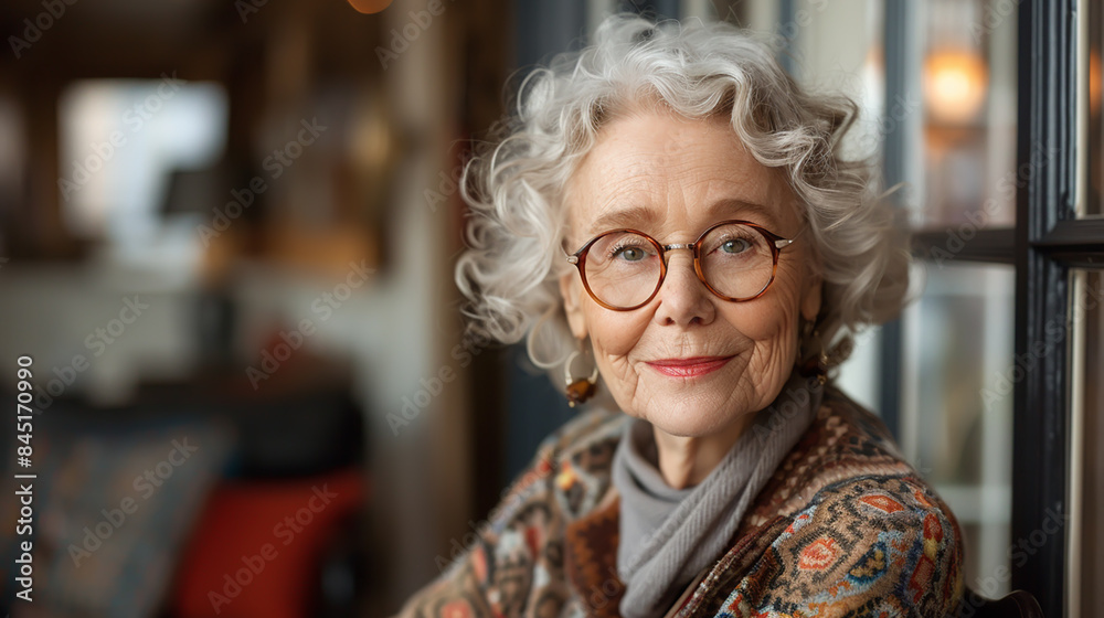 Senior Woman with Curly White Hair and Glasses in Cozy Sweater - Warm Indoor Portrait Senior Woman with Curly White Hair and Glasses in Cozy Sweater - Warm Indoor Portrait