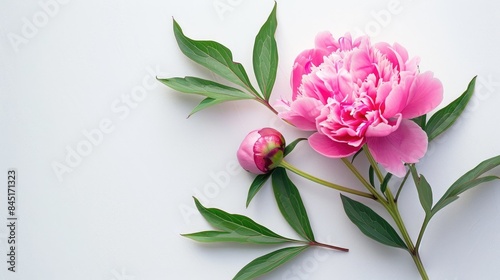 Pink peony flower with bud on green leaves on white background for greeting card or invitation Spring floral close up for flat lay