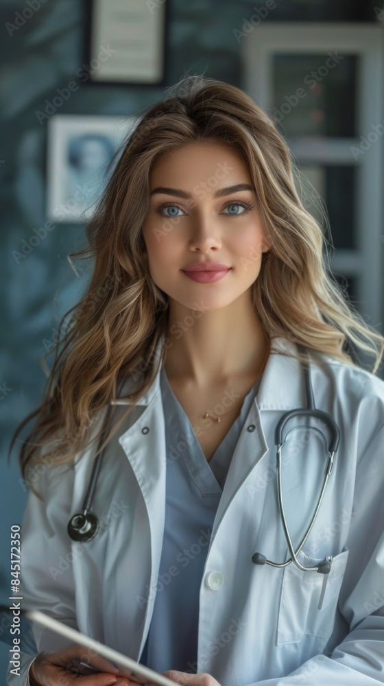 A woman in a white lab coat is holding a tablet. She has a friendly and approachable demeanor