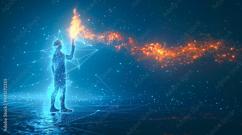 Digital Man Reaching for Orange and Blue Plexus Network Connection on Blue Background Technology Abstract Background.