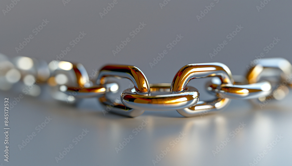 Obraz premium Closeup of the link chain, shiny chrome with golden accents, set against a dark background. The focus is on one single interlaced beam, symbolizing strength and connection in business networks