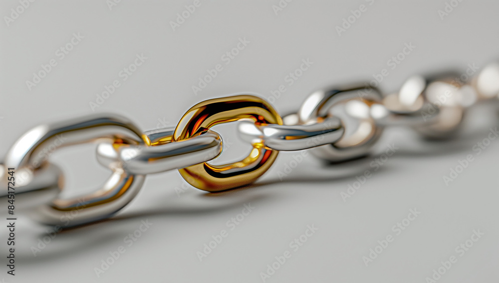 Fototapeta premium Closeup of the link chain, shiny chrome with golden accents, set against a dark background. The focus is on one single interlaced beam, symbolizing strength and connection in business networks