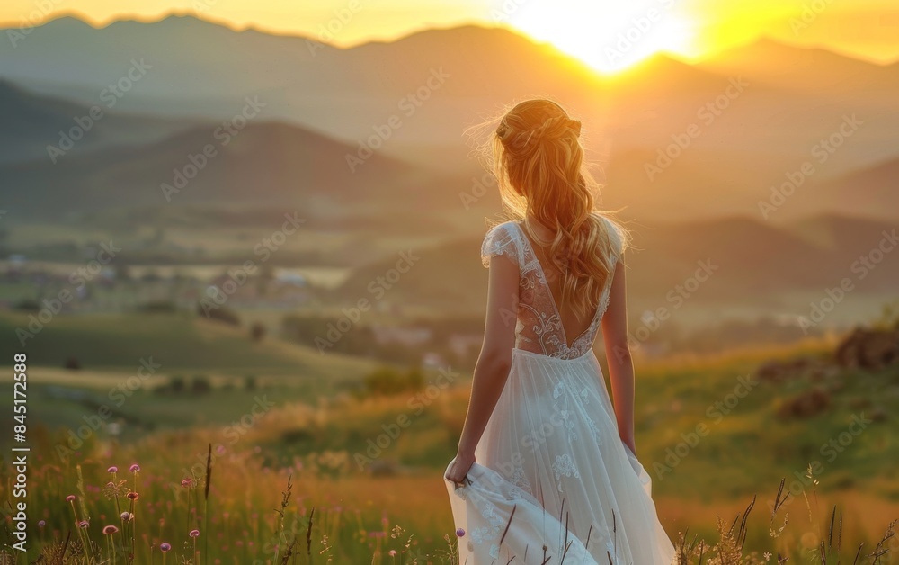 A woman in a white dress stands in a field with mountains in the background. The sun is setting, casting a warm glow over the scene. The woman is enjoying the beauty of the landscape A woman in a white dress stands in a field with mountains in the background. The sun is setting, casting a warm glow over the scene. The woman is enjoying the beauty of the landscape