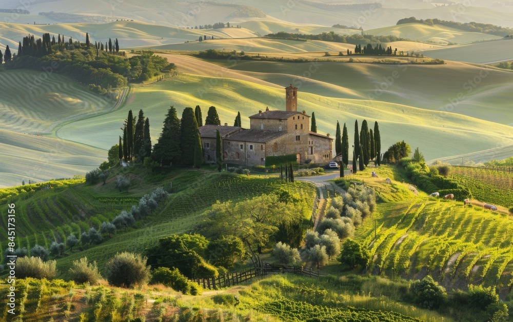 Naklejka premium A beautiful countryside with a large house and a vineyard. The house is surrounded by trees and the vineyard is lush and green. The scene is peaceful and serene