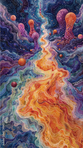 A vibrant watercolor painting depicting a cosmic river flowing through a starry sky with abstract shapes