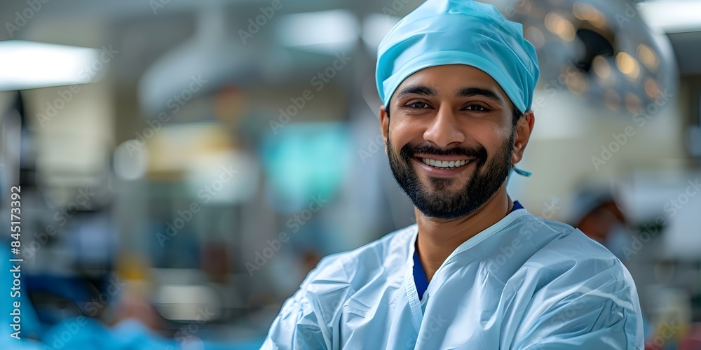 Happy Indian doctor in surgical attire in a professional operating room setting. Concept Medical Professional, Surgeon, Scrubs, Operating Room, Indian Heritage Happy Indian doctor in surgical attire in a professional operating room setting. Concept Medical Professional, Surgeon, Scrubs, Operating Room, Indian Heritage