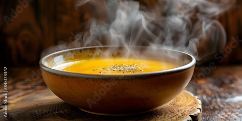 Steam rises from warm pumpkin soup poured into ceramic bowl. Concept Food photography, Warm comfort, Steamy soup, Autumn recipes, Cozy cookware