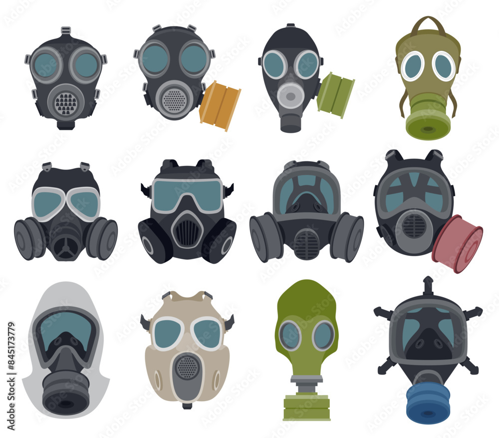 Gas protective chemical air breath and radiation safety mask set isometric vector illustration Gas protective chemical air breath and radiation safety mask set isometric vector illustration