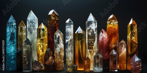 Stunning crystal collector specimens arranged in row on black background for wall art. Concept Crystal Collection, Black Background, Wall Art, Collector Specimens photo