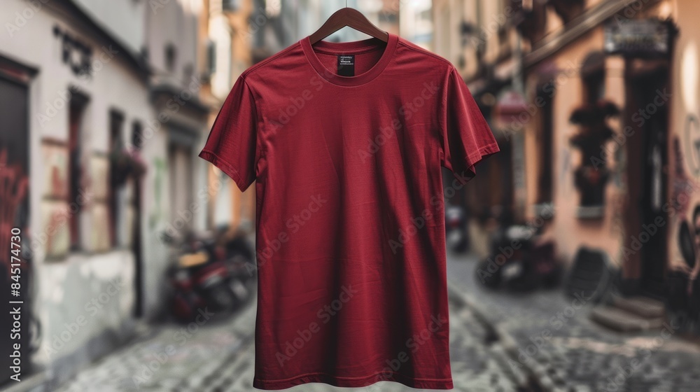 Fototapeta premium Plain red t-shirt with a blurred street background, suitable for a stylish mockup design. Generative AI