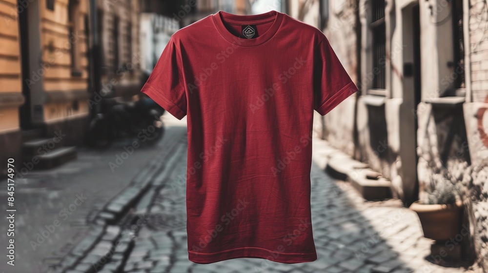 Fototapeta premium A plain red t-shirt is displayed against a blurred street background, creating a stylish and dynamic setting. This setup is ideal for a mockup design