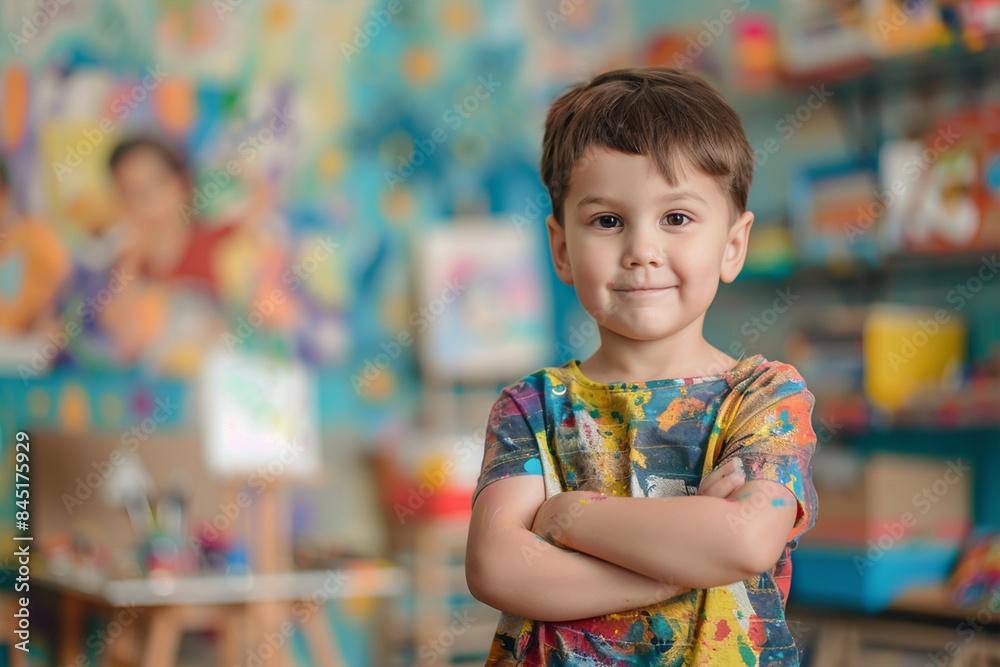 Fototapeta premium Back to school, A very happy Little boy kid as a paint artist, school kid