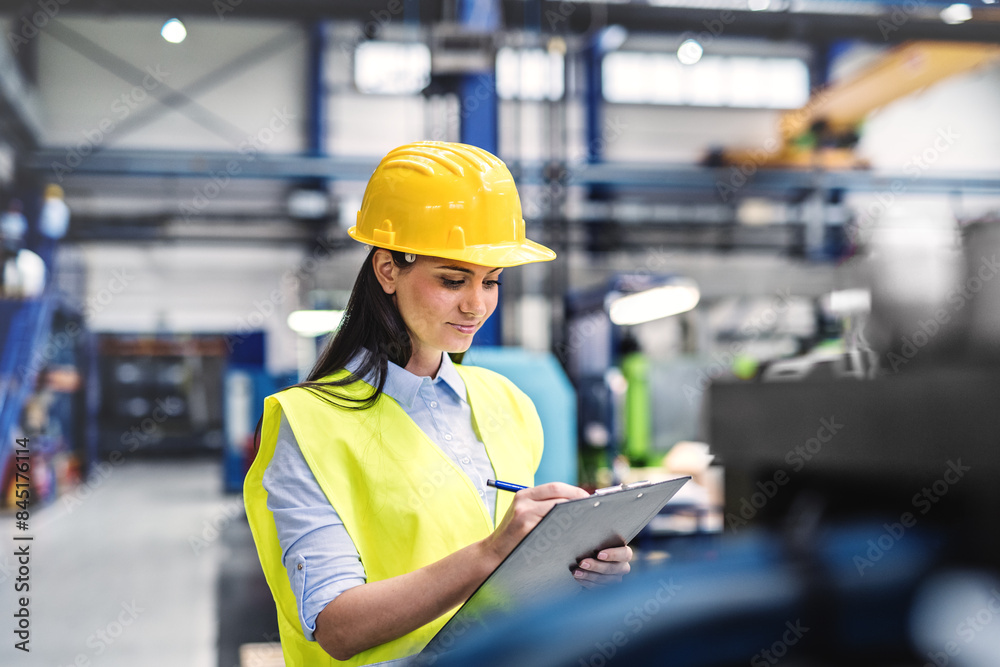 Manager woman in business casual clothes and reflective safety clothes controlling goods in warehouse. Manager woman in business casual clothes and reflective safety clothes controlling goods in warehouse.