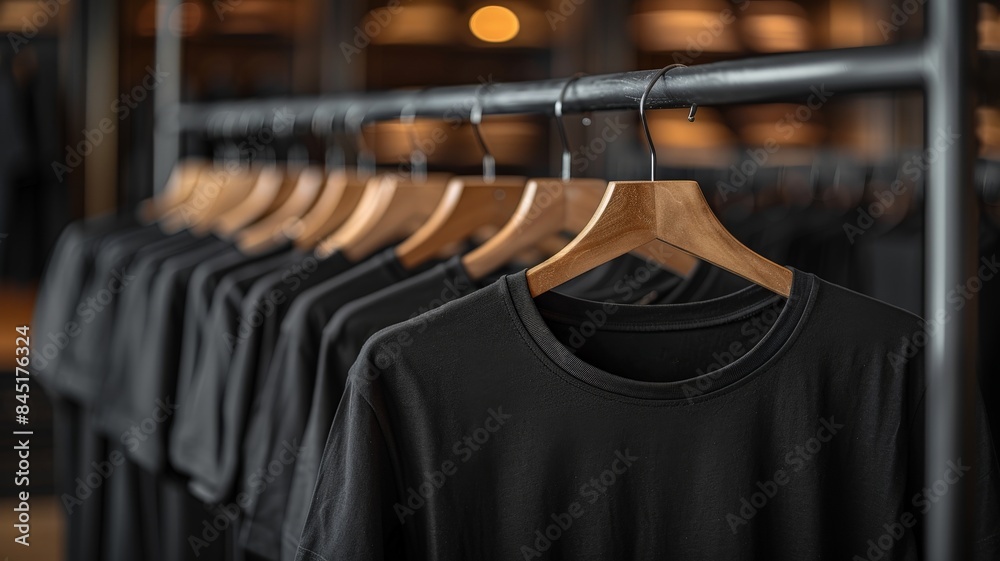 Row of Black T-Shirts on Wood Hangers in Modern Fashion Retail Store with Warm Lighting, Contemporary Shopping ExperienceFashion