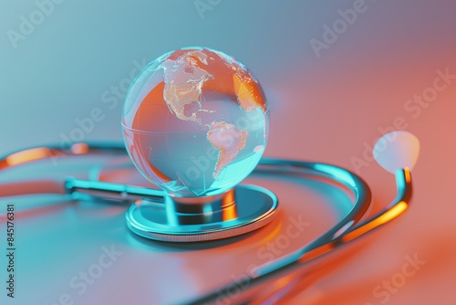Globe on stethoscope with reflections. Futuristic style. Conceptualizing global health care. Bright colors with light effects. Suitable for medical and healthcare purposes. Generative AI