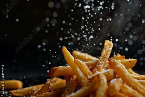 Crispy golden french fries being salted against a black background