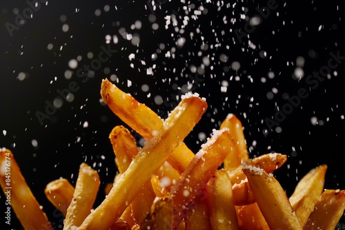Crispy golden french fries being salted against a black background