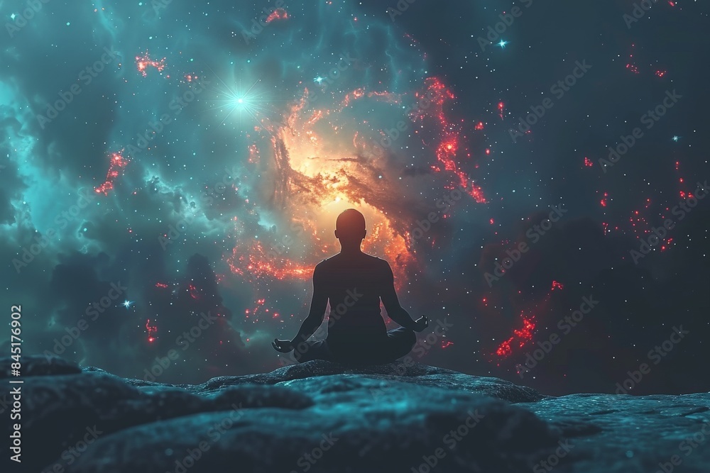 Silhouette of a person meditating on a rocky surface beneath a mesmerizing cosmic sky filled with bright stars and colorful nebulaemeditation