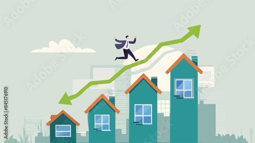 Housing price rising up, real estate or property growth concept, businessman running on rising green graph on house roof. vector